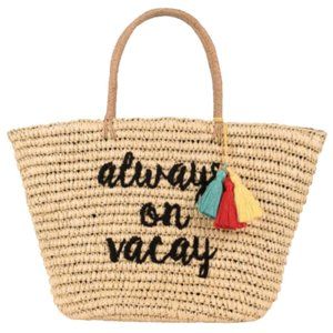 C.C Always On Vacay Graphic Embroided Natural Straw Beach Bag Tote NWT